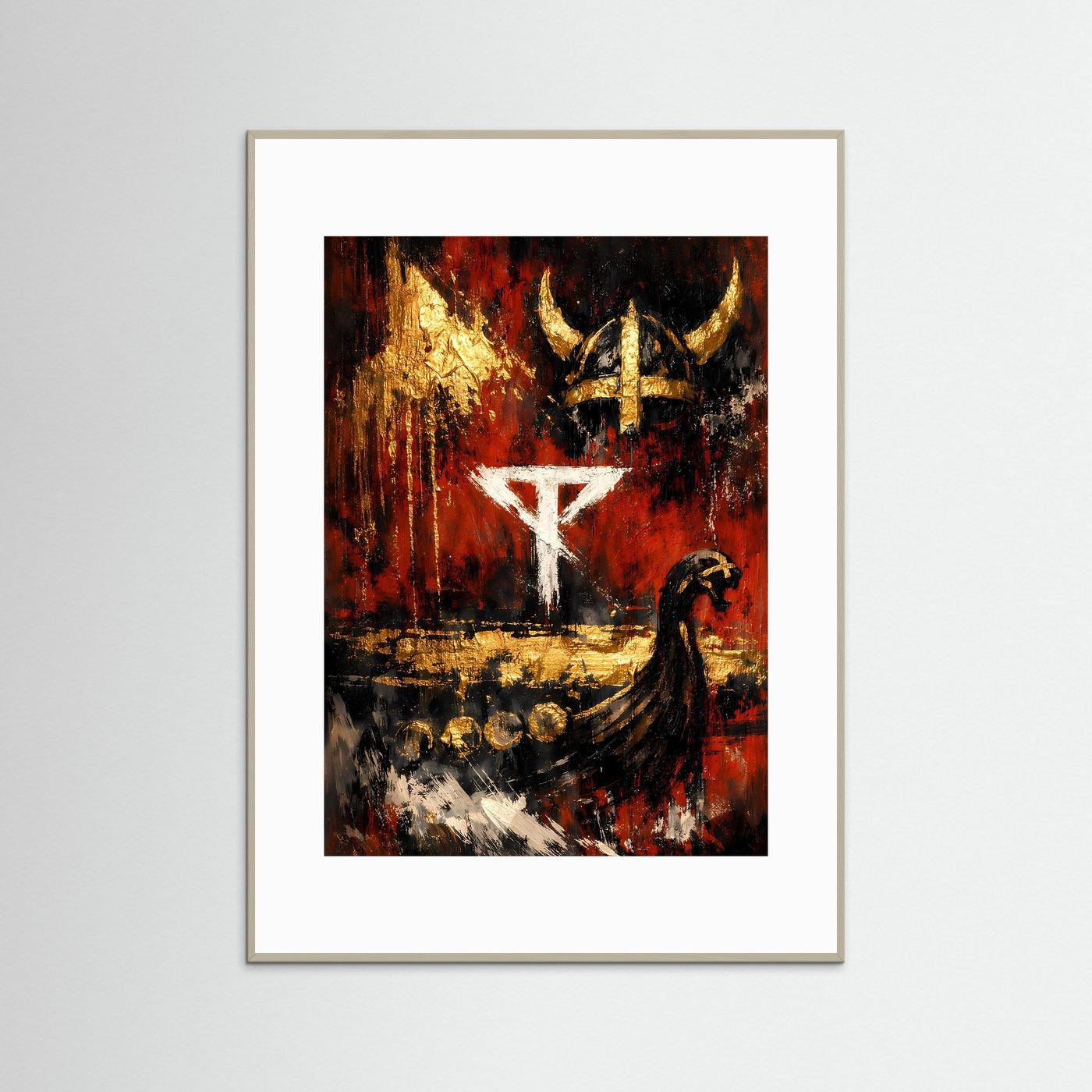 Vikinger-Kunstposter im Hochformat mit rotem, schwarzem und goldenem Motiv, grauer Rahmen
