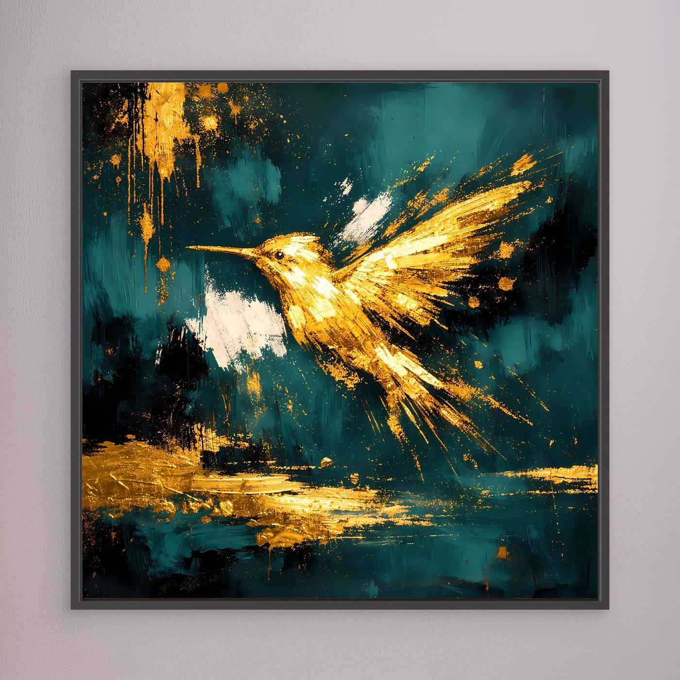 Leinwand Goldener Kolibri im Flug | Abstraktes Modernes Vogel Wandbild Kunst