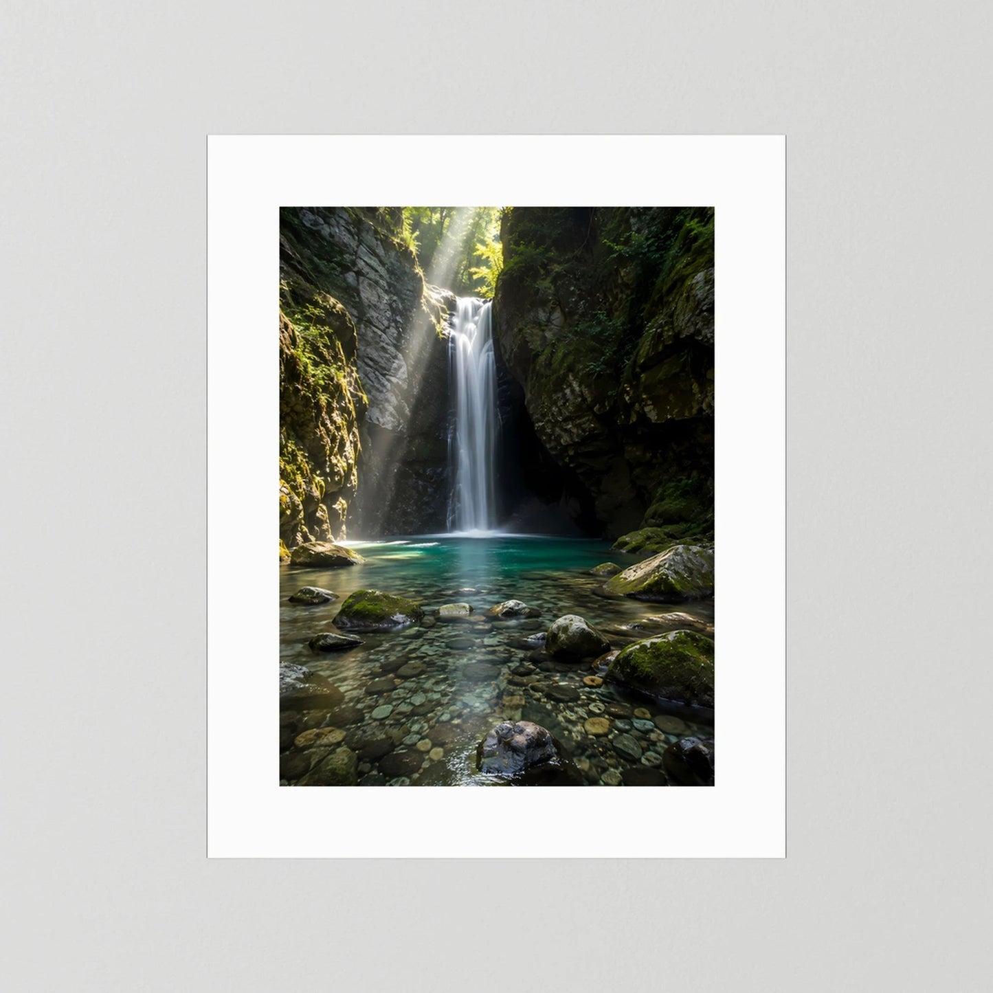 Hochformat-Poster mit weißem Rand: Wasserfall im grünen Canyon und türkisfarbener Poolfläche