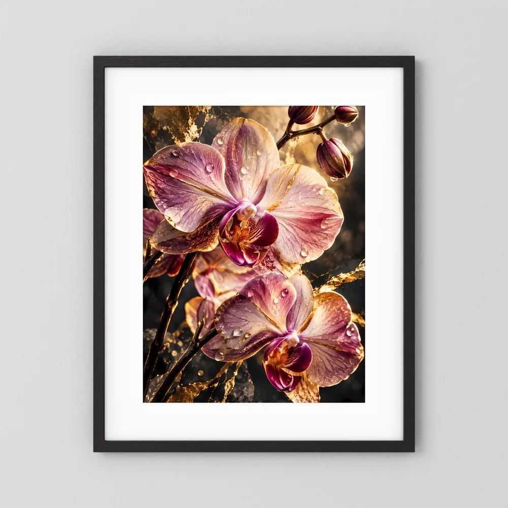 Poster mit violetten Orchideenblüten im Goldglanz, schwarzer Rahmen, Hochformat