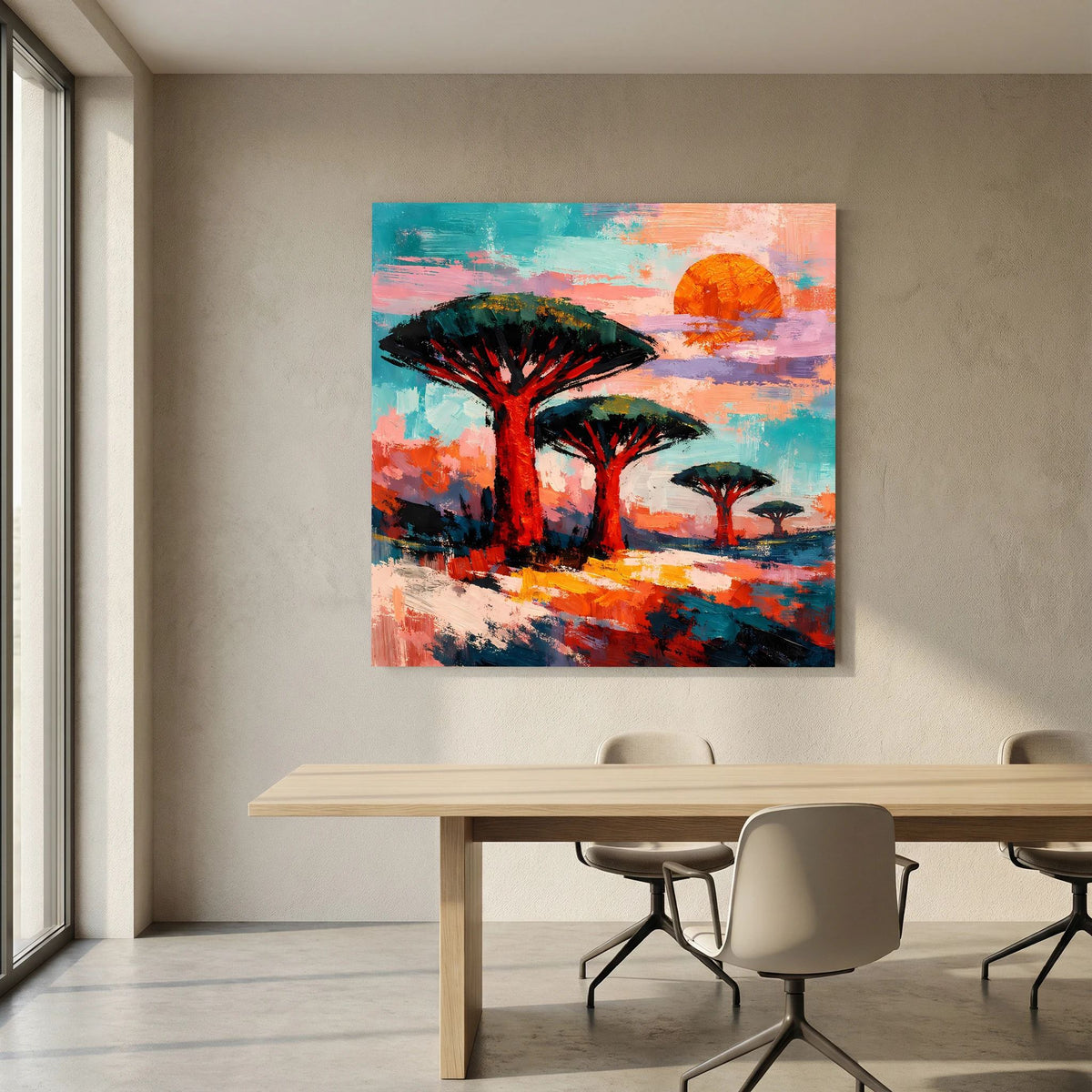 Abstraktes Leinwandwandbild mit Savannenbäumen, Farbverlauf in Blau, Orange und Rosa