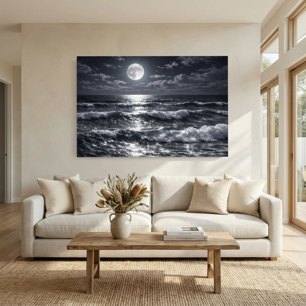 Wandbild mit Vollmond über den Meereswellen im Querformat, über einer weißen Couch