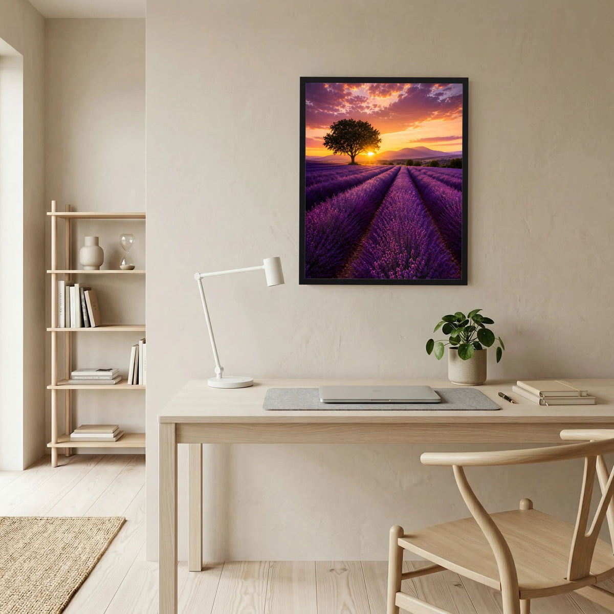 Gerahmtes Lavendelfeldposter am Schreibtisch, lila Pfade und goldener Sonnenuntergang