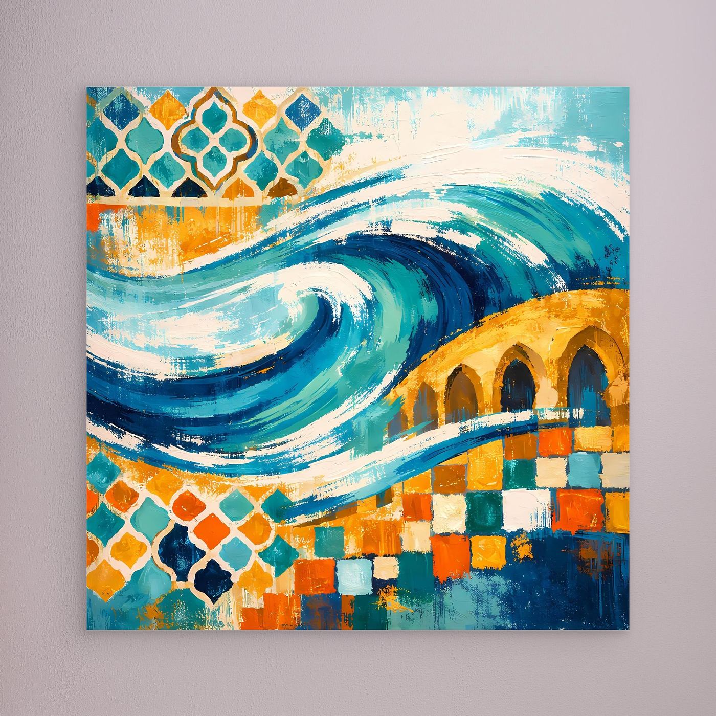Leinwand-Wandbild ohne sichtbaren Rahmen, abstrakte Wellen und ornamentale Mosaikflächen in Blau