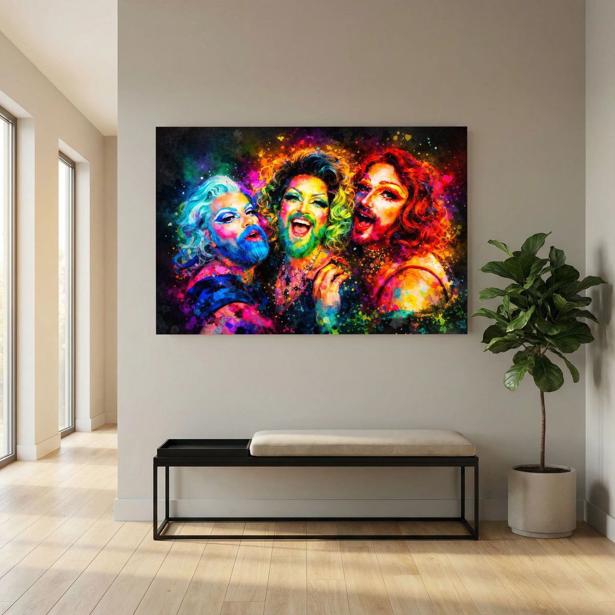 Poster mit farbiger Porträtkunst: drei Drag-Queens, kräftige Farben und Sprayeffekt