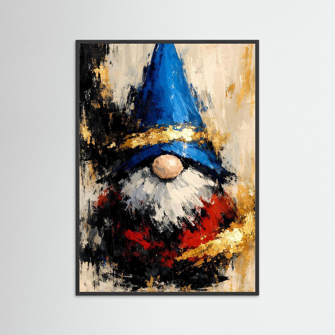 Kunstposter Hochformat mit abstraktem Wichtel, im schwarzen Rahmen; blau, rot, gold