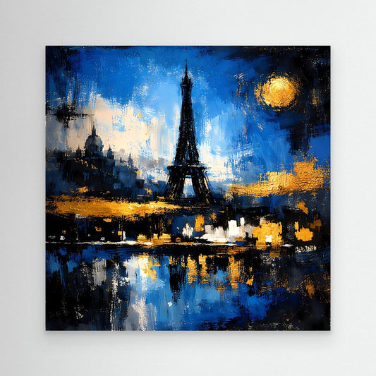 Abstraktes Wandbild: Eiffelturm bei Nacht, blaue Farbflächen, gelber Mond, Spiegelung