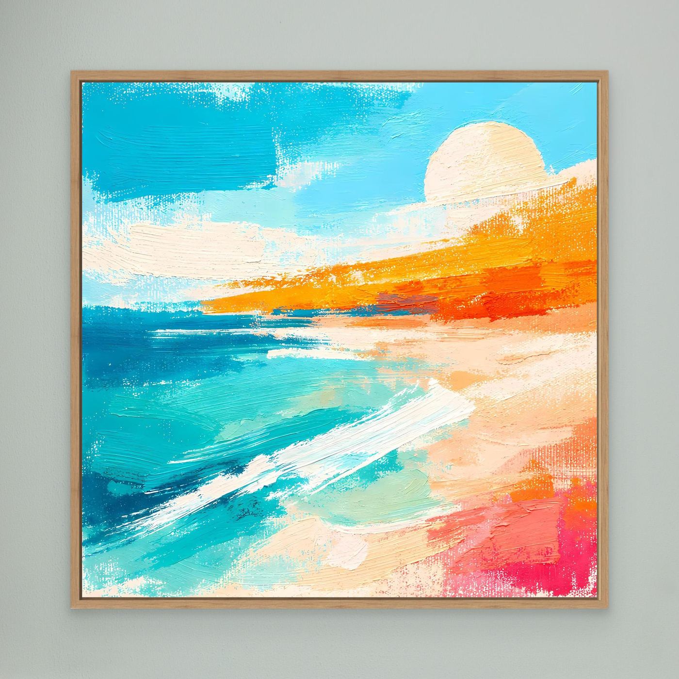 Abstract coastal canvas wall art with blue ocean waves, sandy shore, and orange sunset in oak frame.