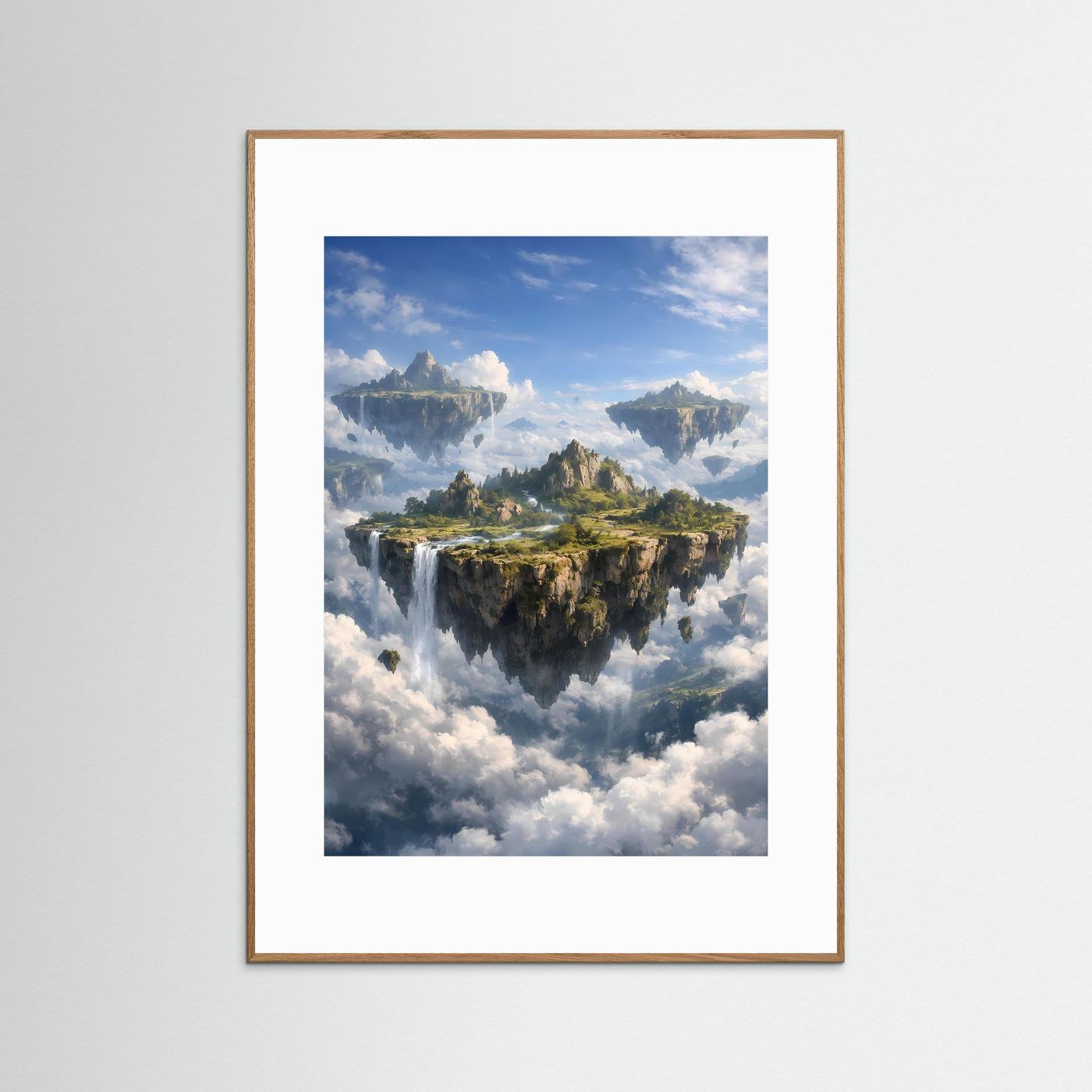 Fantasy-Naturposter, naturfarbener Holzrahmen, Wasserfall über Wolken, Hochformat