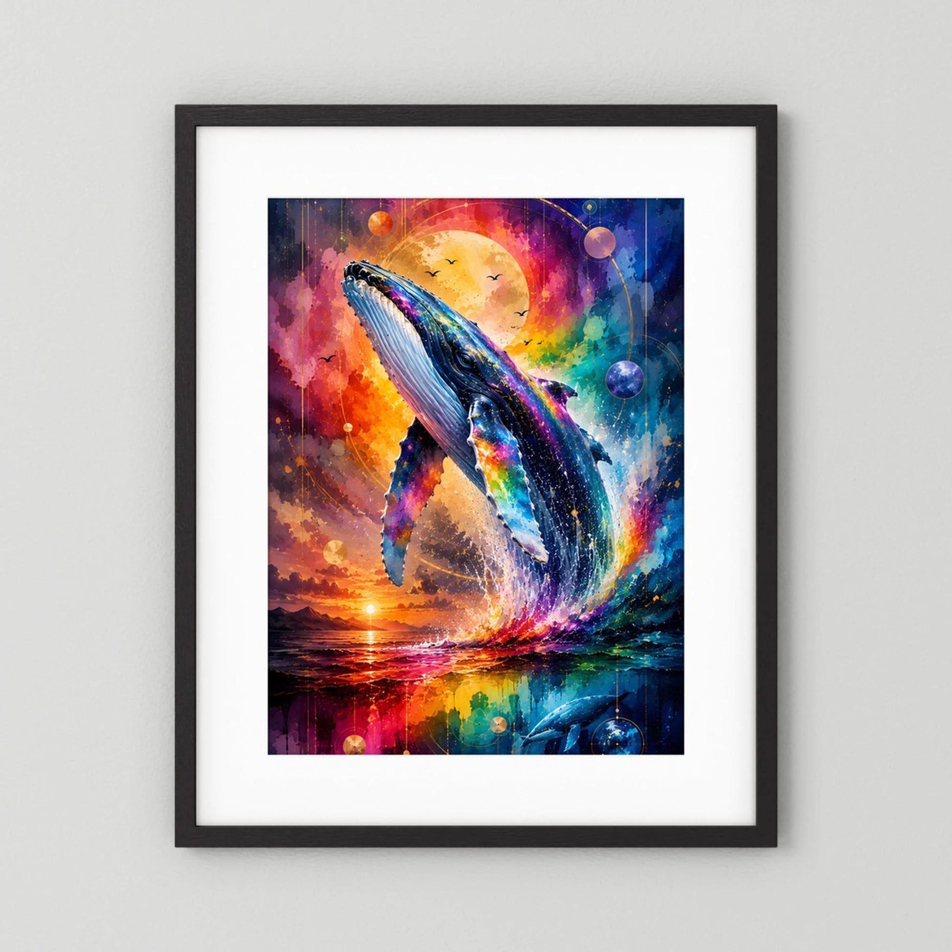 Hochformat-Poster im schwarzen Rahmen mit weißem Rand und blauem Wal im Kosmos