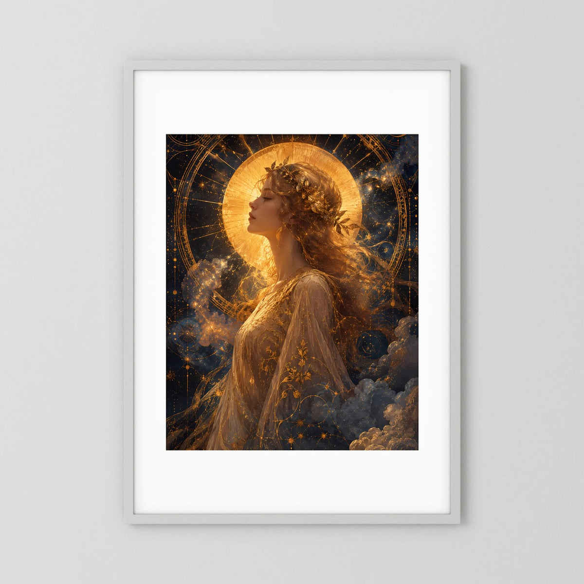 Poster im Hochformat mit goldener Frau im Profil, Sonne, Mond und Sternen, weiß gerahmt