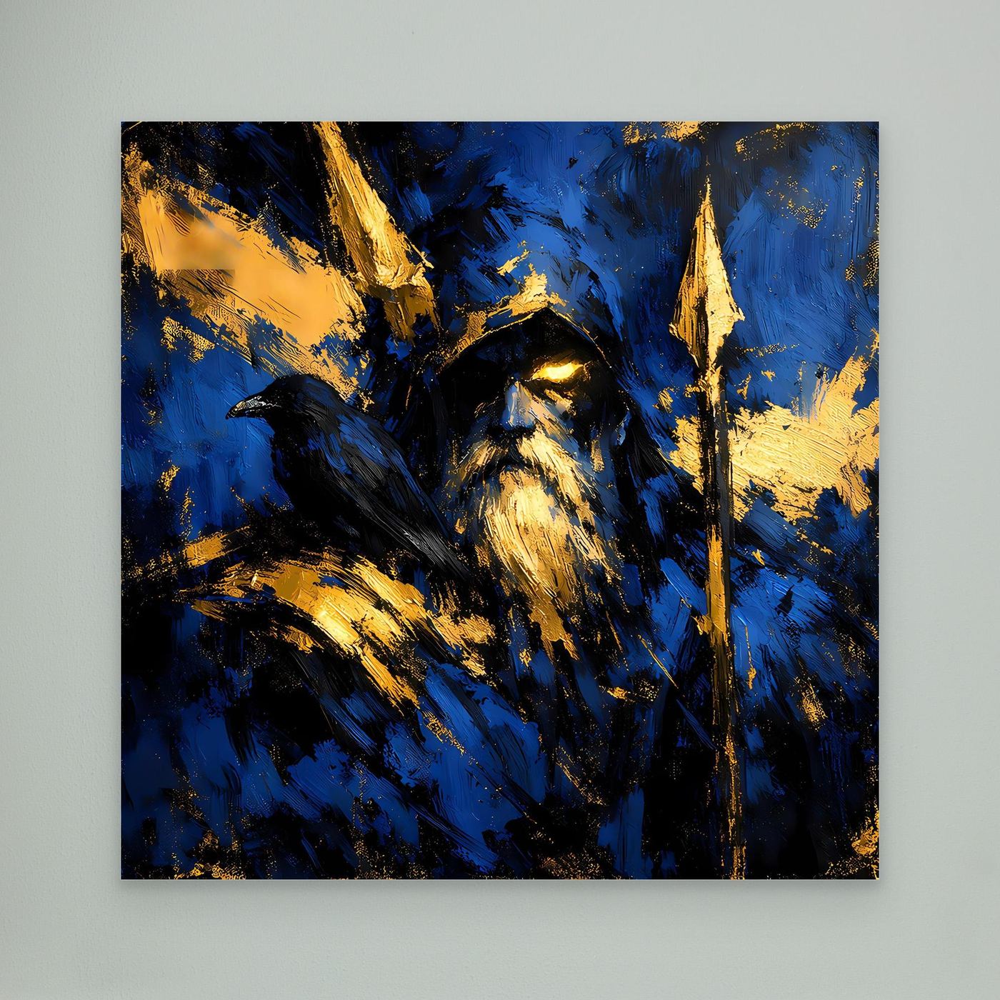 Leinwand Odin der Allvater in Blau und Gold | Modernes Nordische Mythologie Wandbild mit Rabe