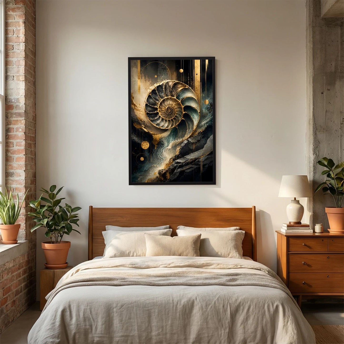 Poster im schwarzen Rahmen mit abstrakter Ammonitenspirale in Gold, Schwarz und Petrol
