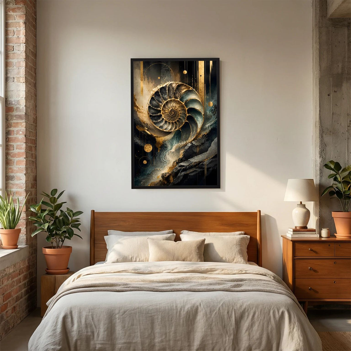 Poster im schwarzen Rahmen mit abstrakter Ammonitenspirale in Gold, Schwarz und Petrol