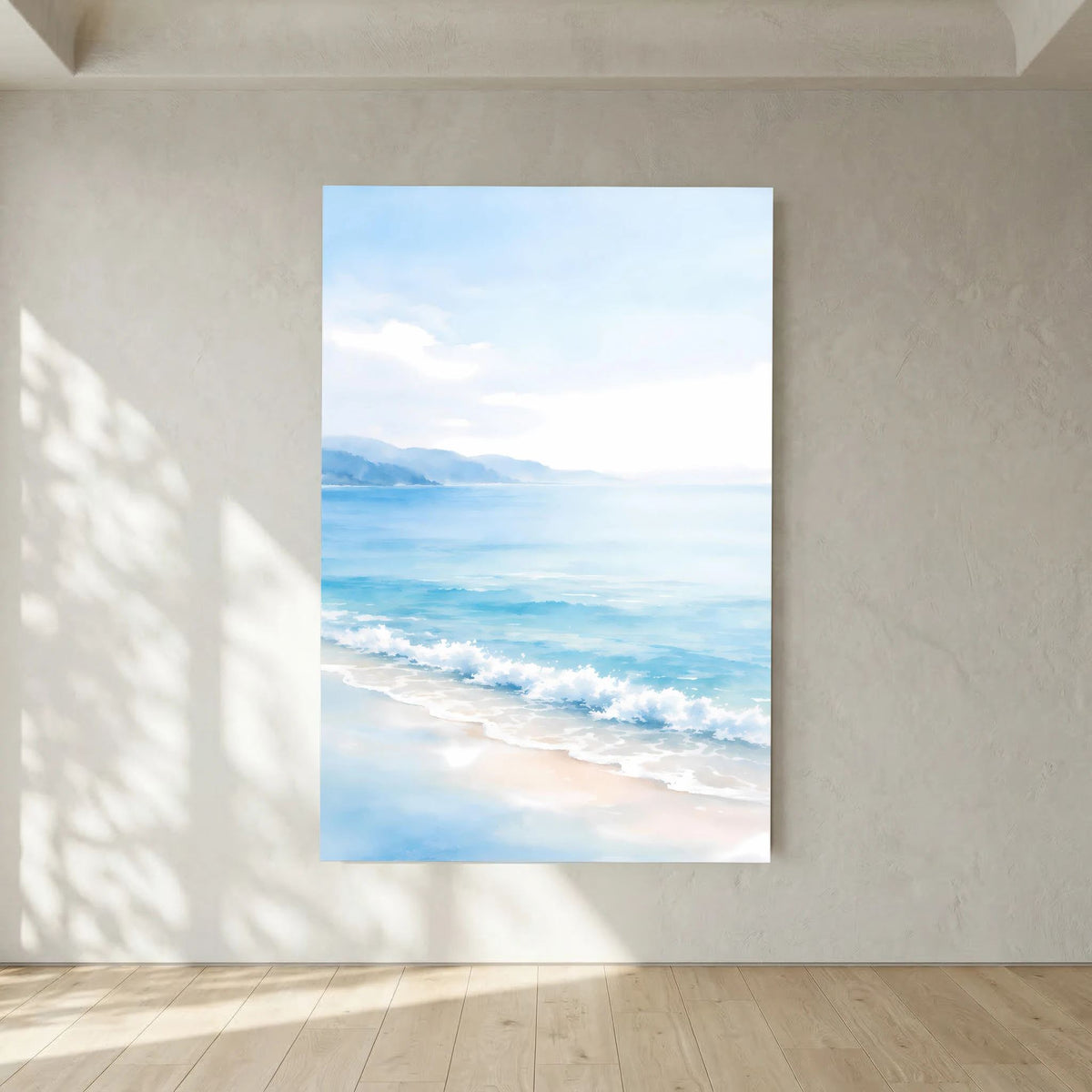 Hochformat-Wandbild Meer und Küste mit weichen Wellen, sandigem Ufer und heller Himmelfläche