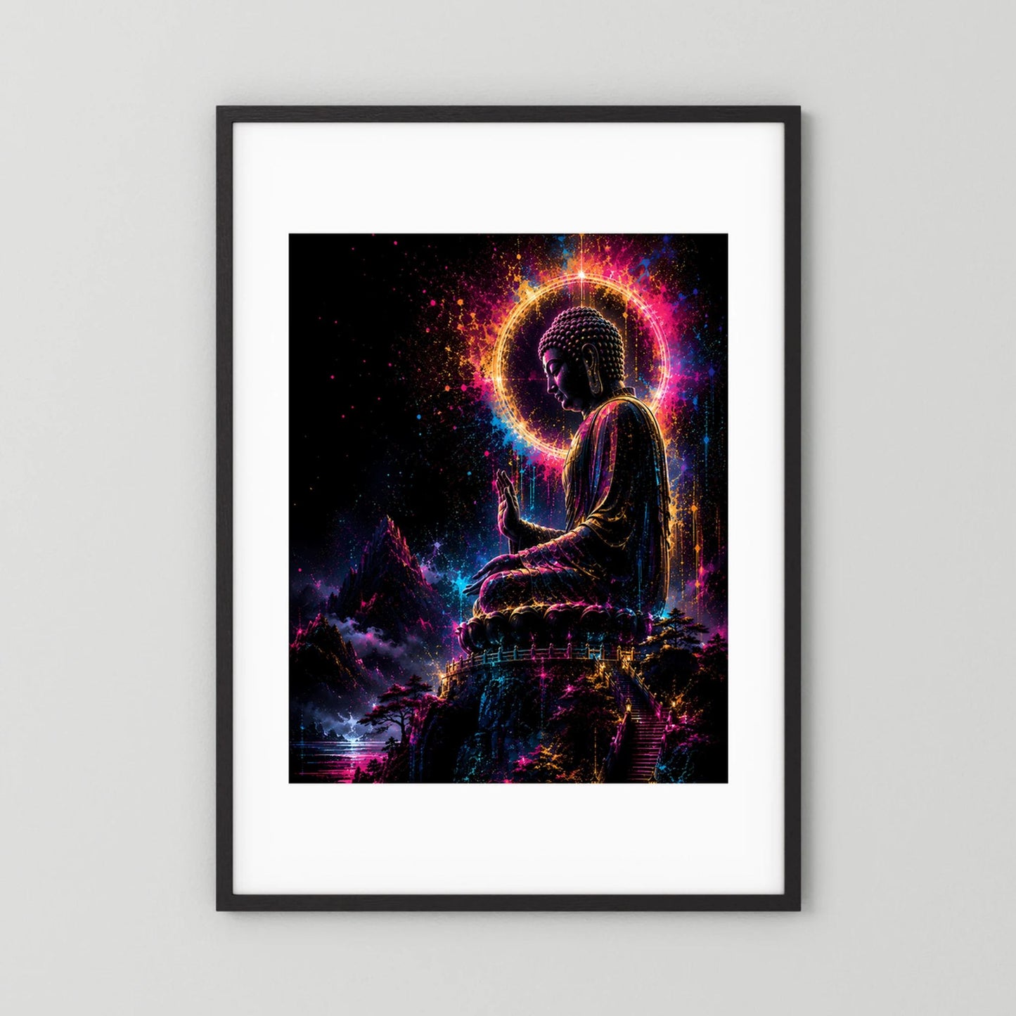 Buddha-Poster im Neonlicht: sitzende Buddha-Figur mit leuchtender Aura, schwarzer Rahmen mit weißem Rand