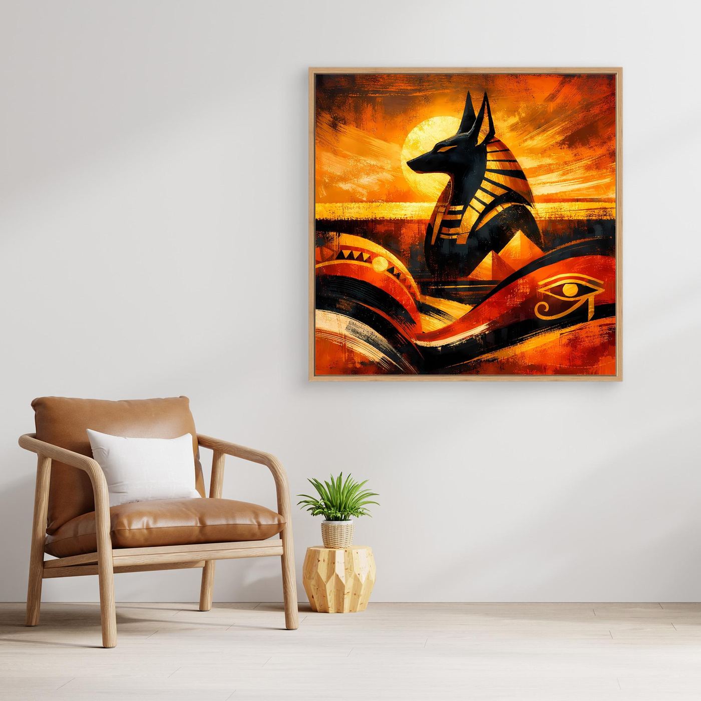 Leinwand-Wandbild mit Anubis-Reliefoptik, warmes Farbenspiel, brauner Rahmen