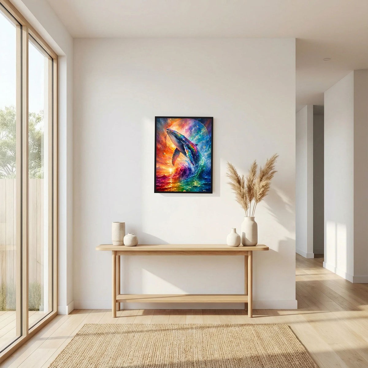 Hochformat-Poster mit abstraktem Walfischmotiv in Regenbogenfarben, schwarzer Rahmen