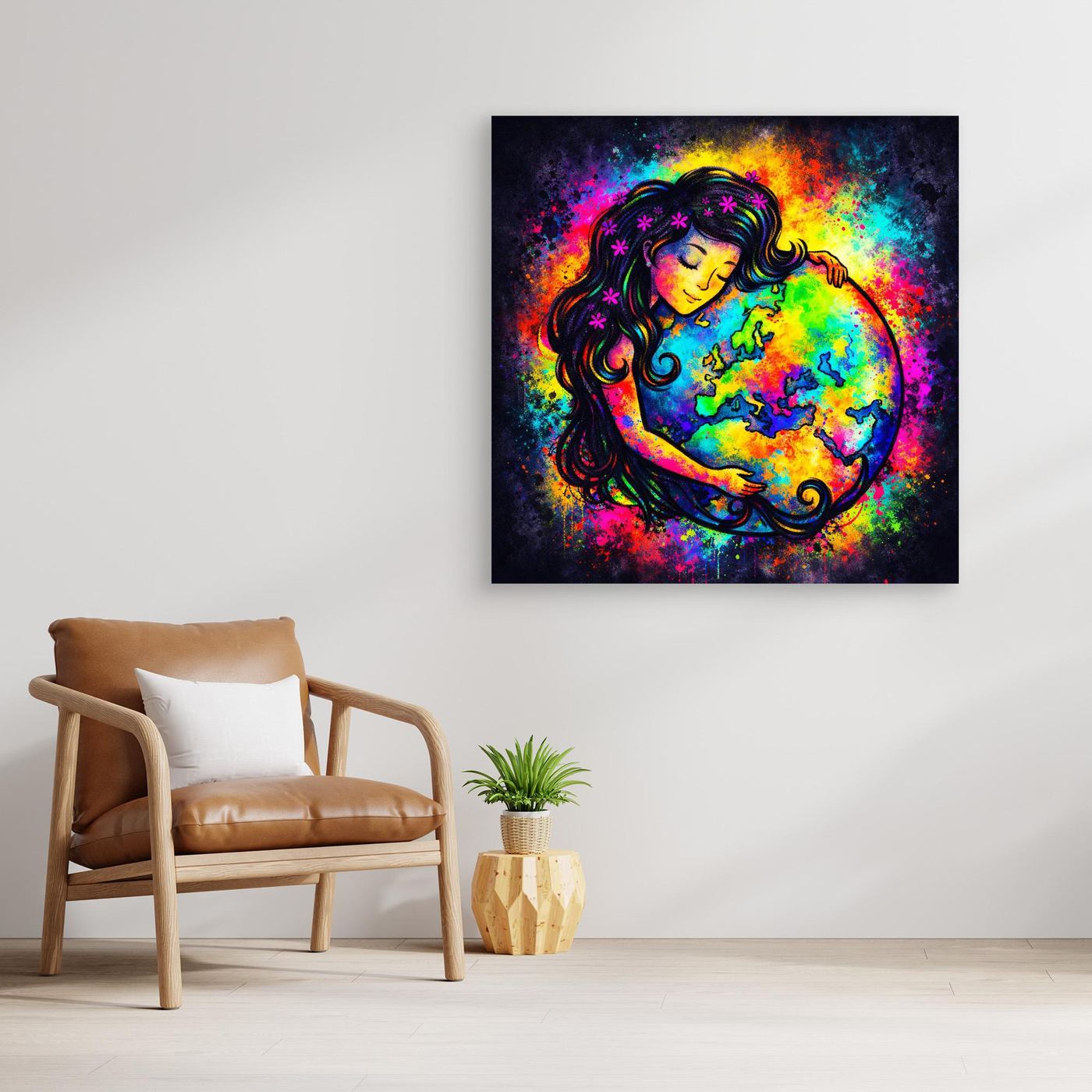 Leinwandbild ohne Rahmen: Mutter-Erde-Figur mit abstrakter Weltkarte in Farben