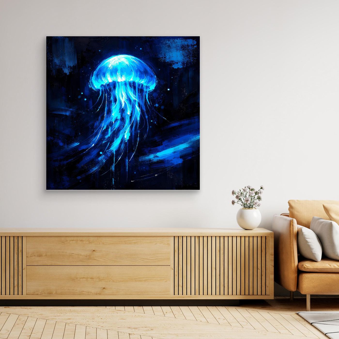 Leinwand Leuchtende Qualle im Tiefsee-Ozean | Abstraktes Biolumineszenz Wandbild