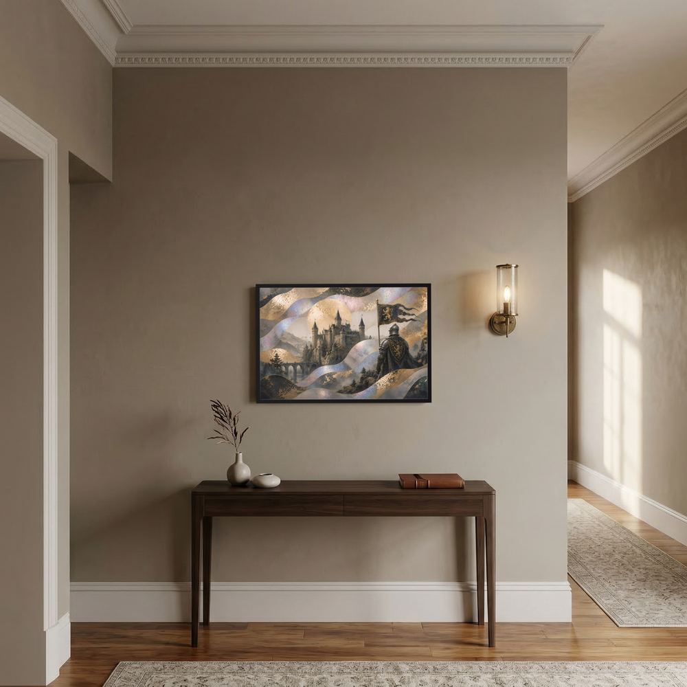 Querformat-Poster mit Ritter vor Burg, mittelalterlicher Fantasy-Landschaft mit Bergen und Himmel