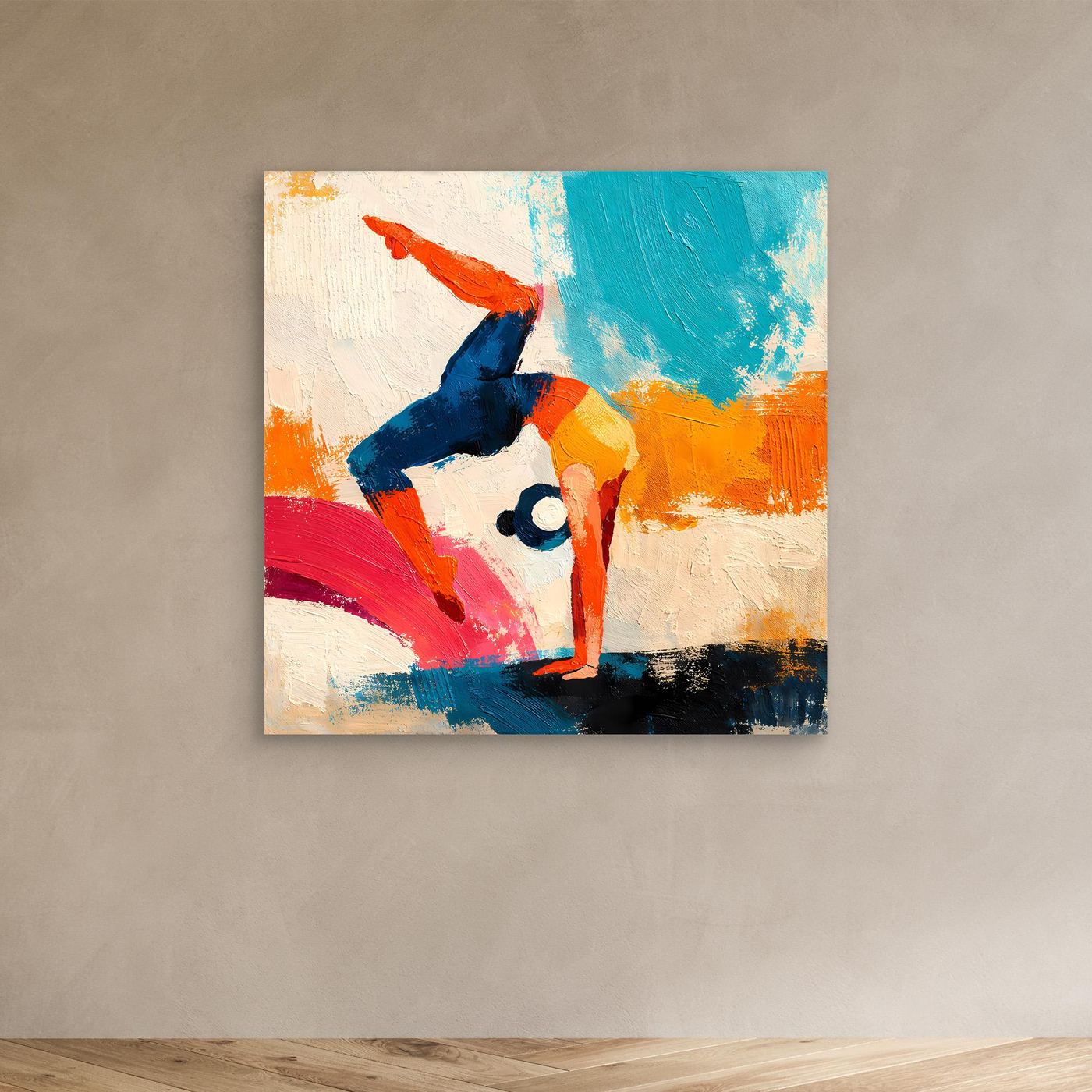 Unframed abstract yoga handstand canvas featuring blue, orange, red and teal figure