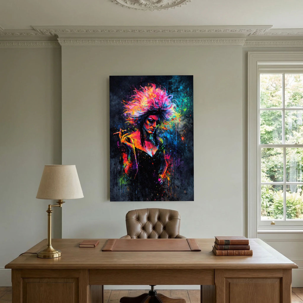 Hochformatiges Poster einer Drag Queen mit Zigarette, Neon-Graffiti-Farbsprenkel und Farbwirbeln