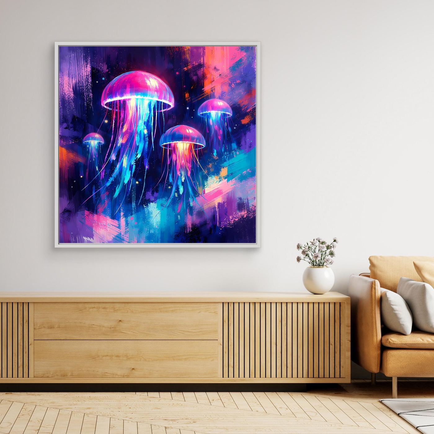 Leinwand Magische Leuchtquallen im Tiefsee-Ozean | Abstraktes Neon Wandbild