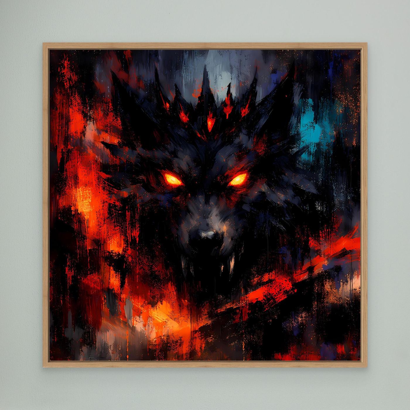 Abstraktes Leinwand-Wandbild mit Schattenwolf im Eichenholzrahmen, leuchtende Augen Rot/Blau