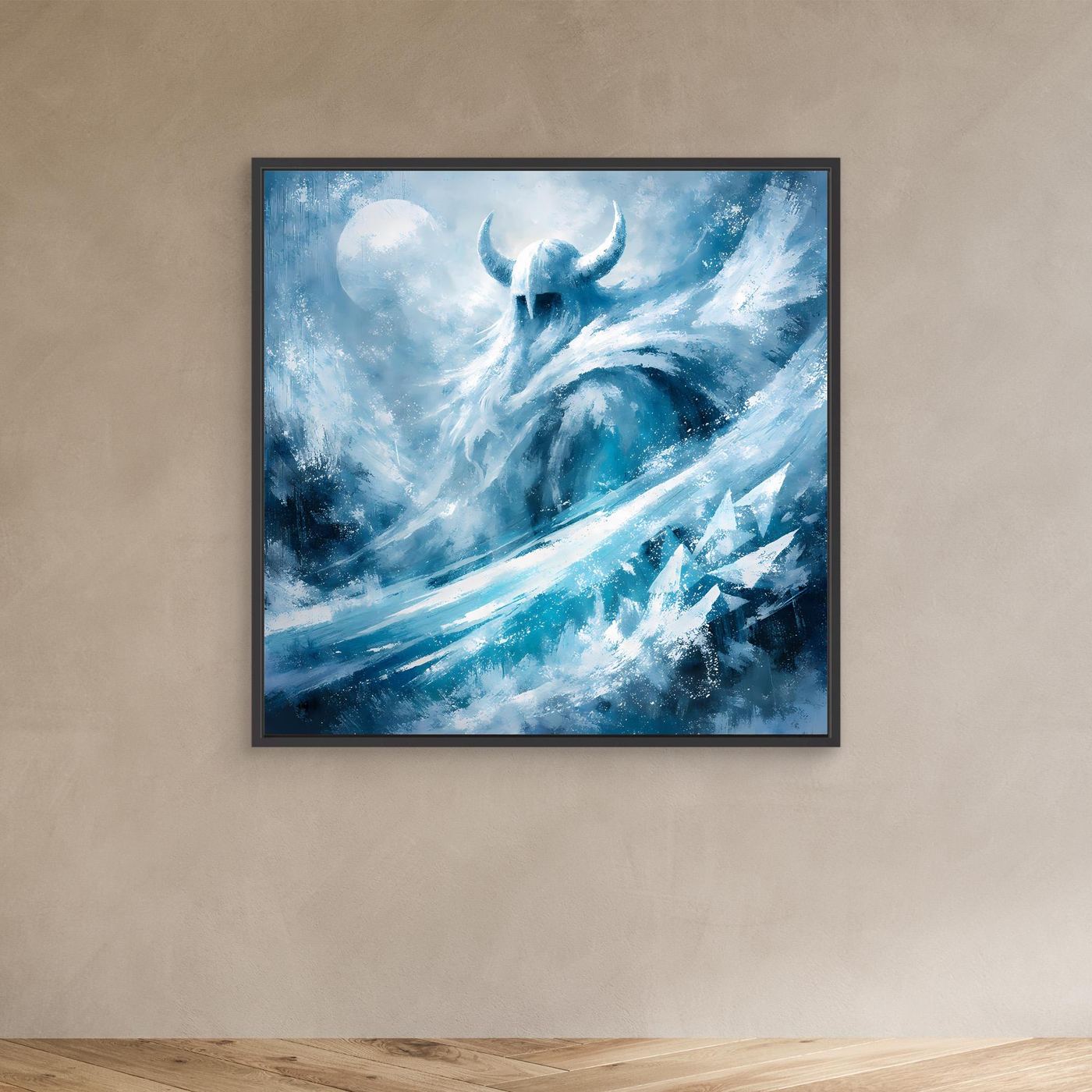 Leinwandbild mit Eiswikinger-Motiv in Blau und Türkis, quadratisch, mit schwarzem Rahmen