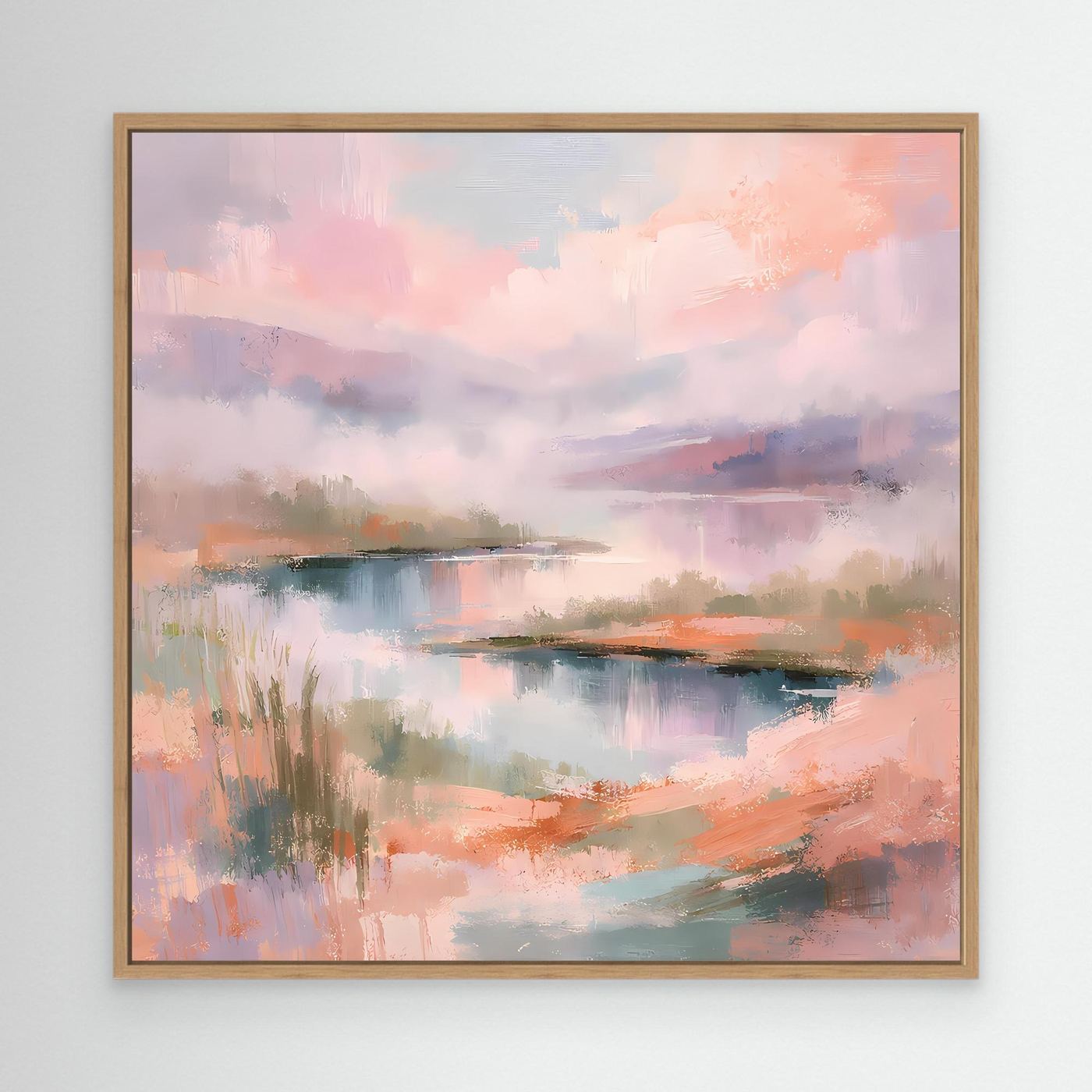 Abstraktes Leinwand-Wandbild mit Pastell-See und Ufer, Holzrahmen (Eiche)