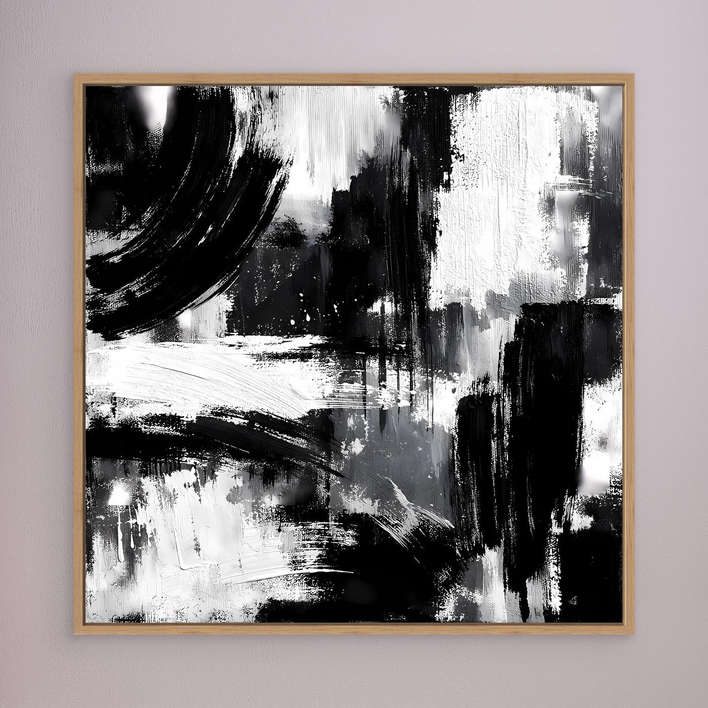 Framed abstract canvas with black-and-white paint drips and rectangular blocks, wood border
