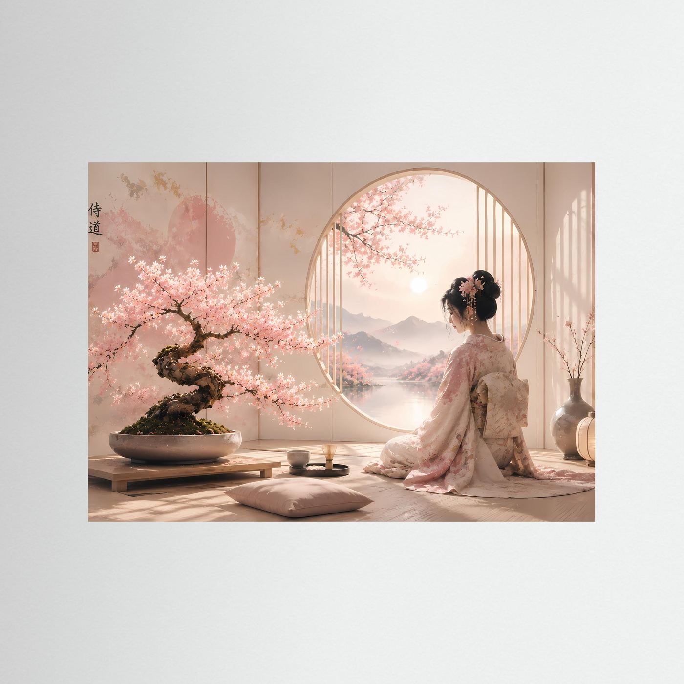 Japanische Geisha mit Kirschblüten | Sakura Bonsai & Zen Harmonie