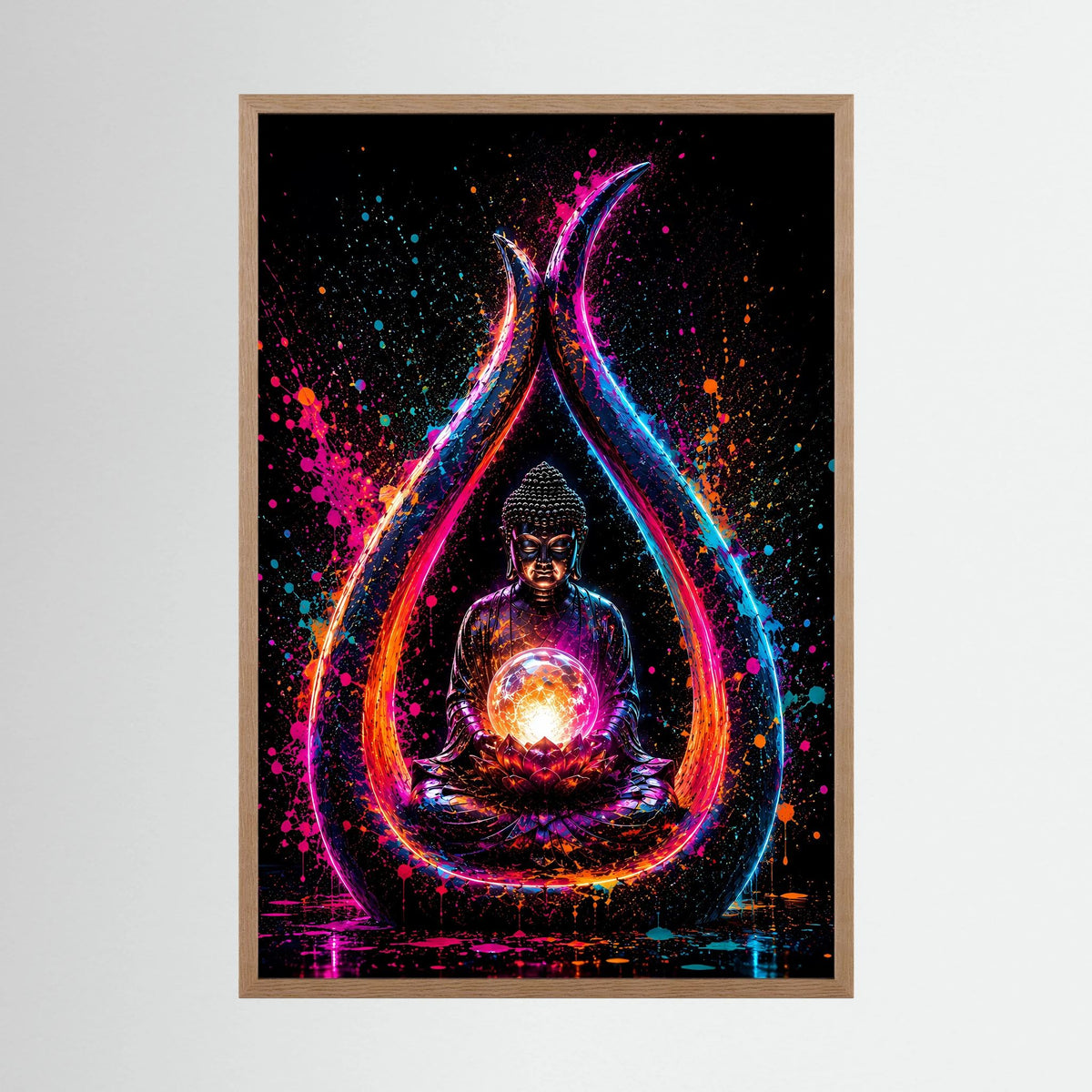 Buddha in Neonfarben | Meditation mit leuchtender Lotusblüte | Poster Hochformat