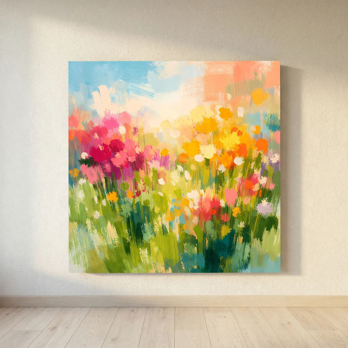 Quadratisches Leinwandbild mit bunten Wildblumen und Sommerwiese in abstrakten Farbflecken