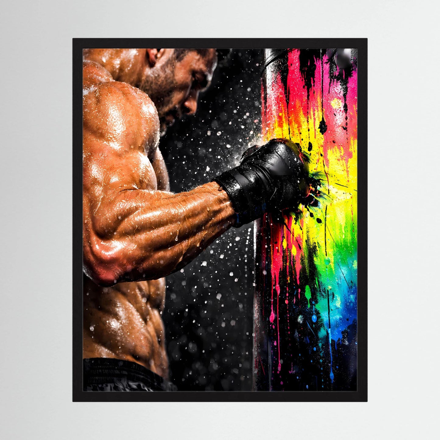 Gerahmtes Hochformat-Poster mit Boxer im Schlag, schwarze Boxhandschuhe und regenbogenfarbene Spritzer
