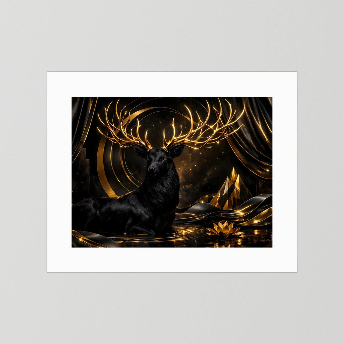 Gerahmter Druck mit schwarzem Hirsch und goldenen Geweihlinien, weißer Rand