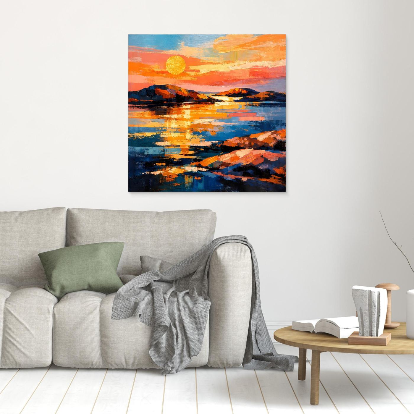 Kleines gerahmtes Leinwandbild an der Wand, abstrakte Küste mit gelber Sonne über Meer