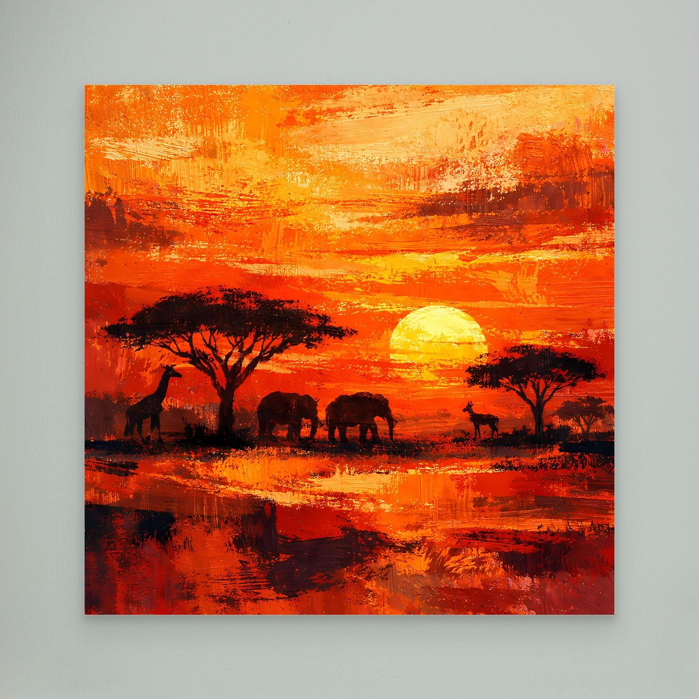 Leinwand Afrikanische Savanne bei Sonnenuntergang | Modernes Elefanten & Giraffen Wandbild