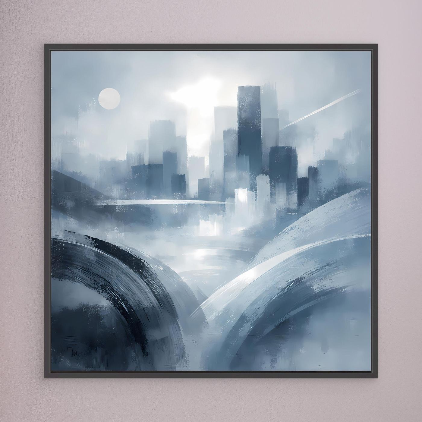 Leinwandbild mit schwarzem Rahmen: abstrakte Skyline in Blau-Grau, geschwungene Bögen