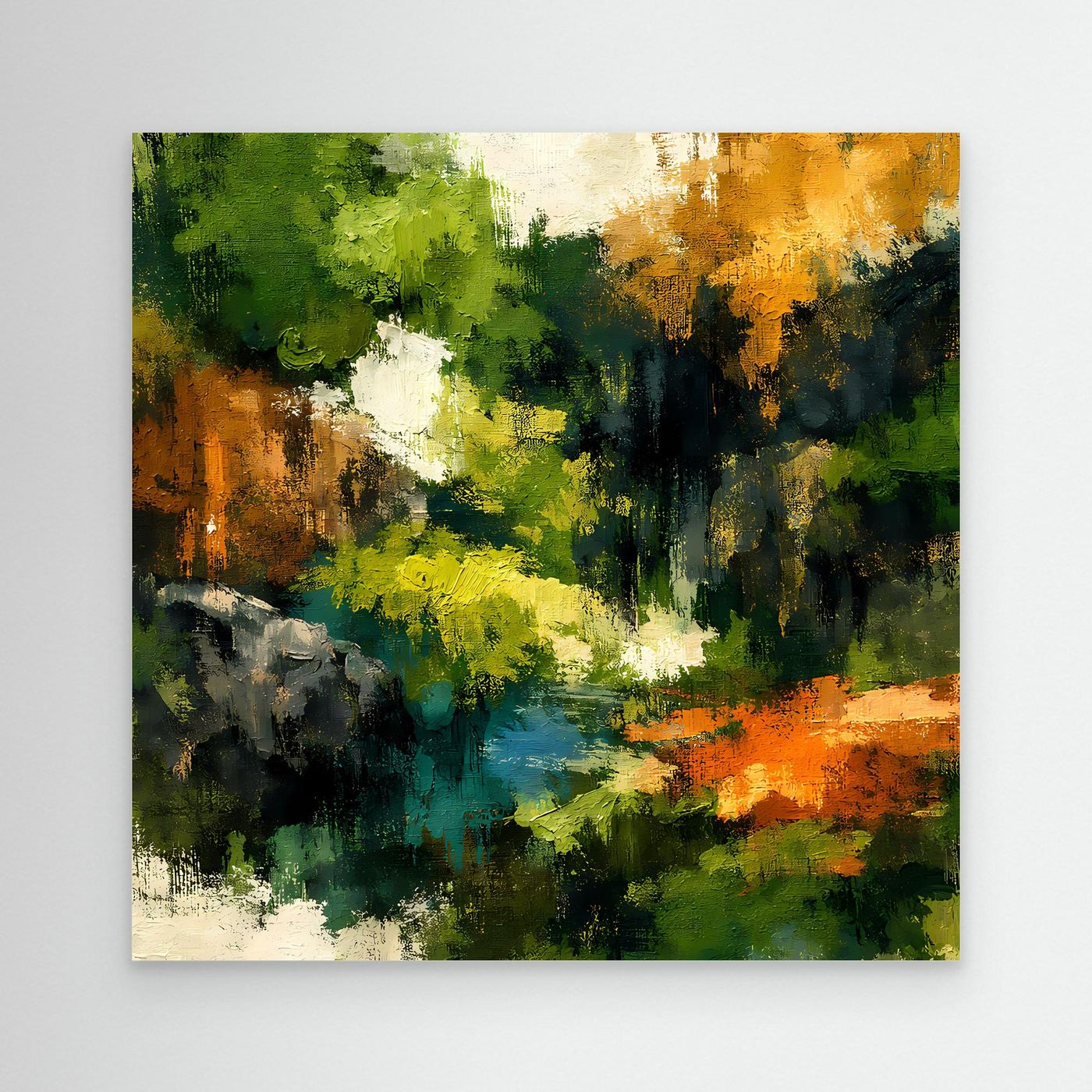 Leinwand-Wandbild mit abstrakter Waldlandschaft und Fluss: grün, gelb, orange