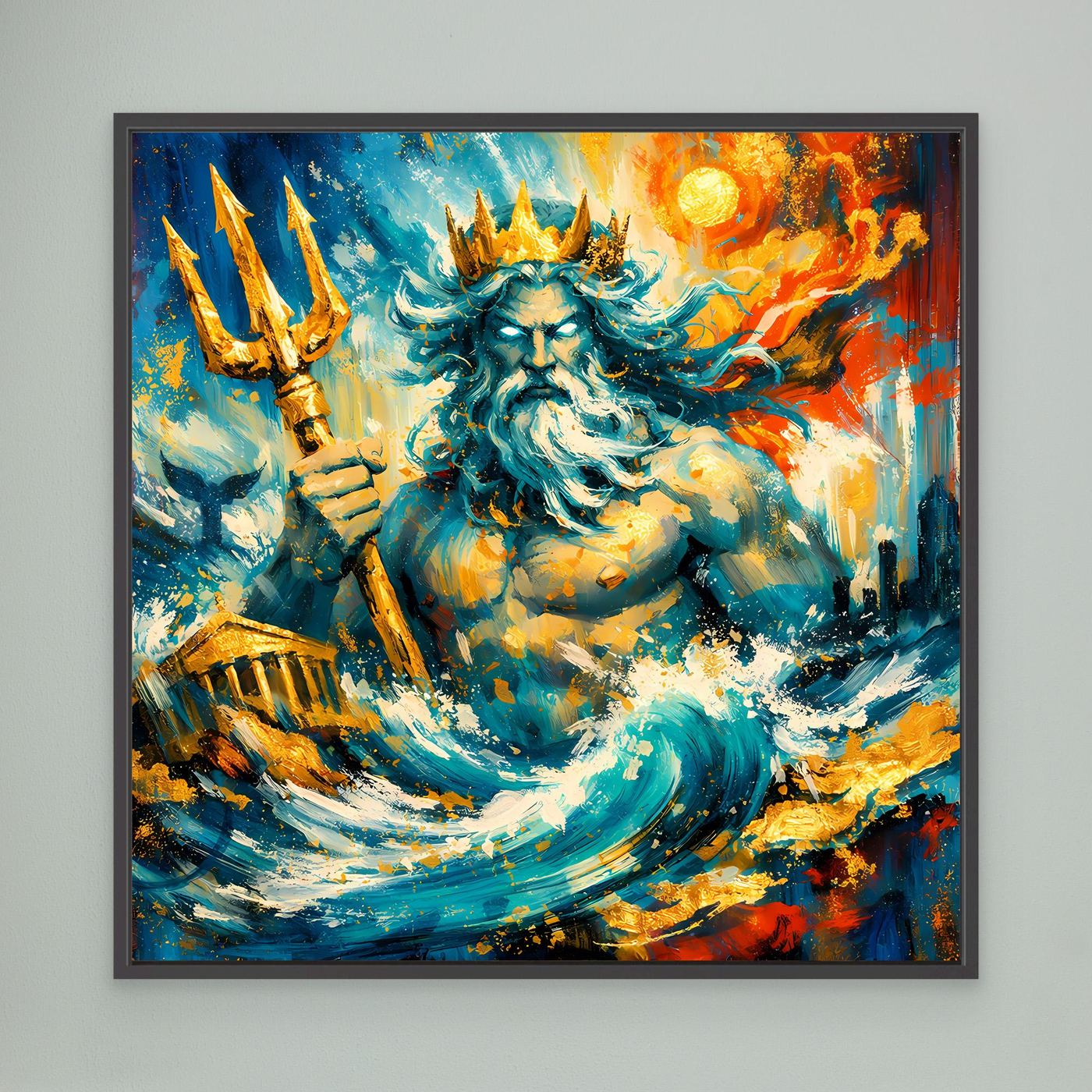 Leinwandbild mit abstrakter Poseidon-Meerfigur, kräftige Farben, schwarzer Rahmen