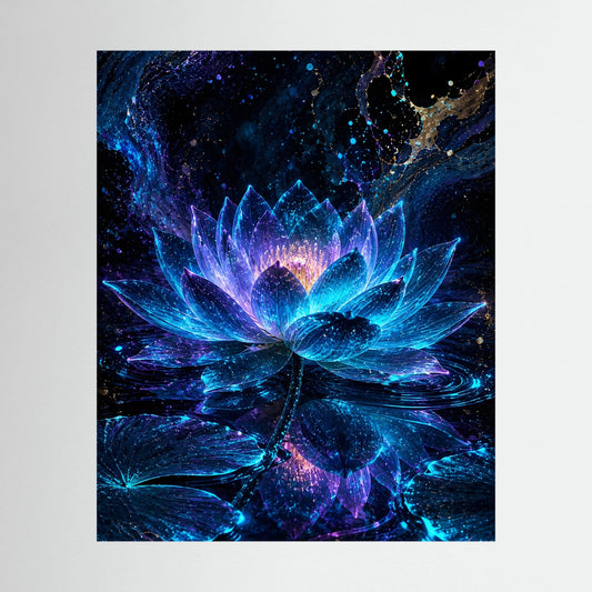Kunstposter mit leuchtender Lotusblüte in Blau, Türkis und Violett