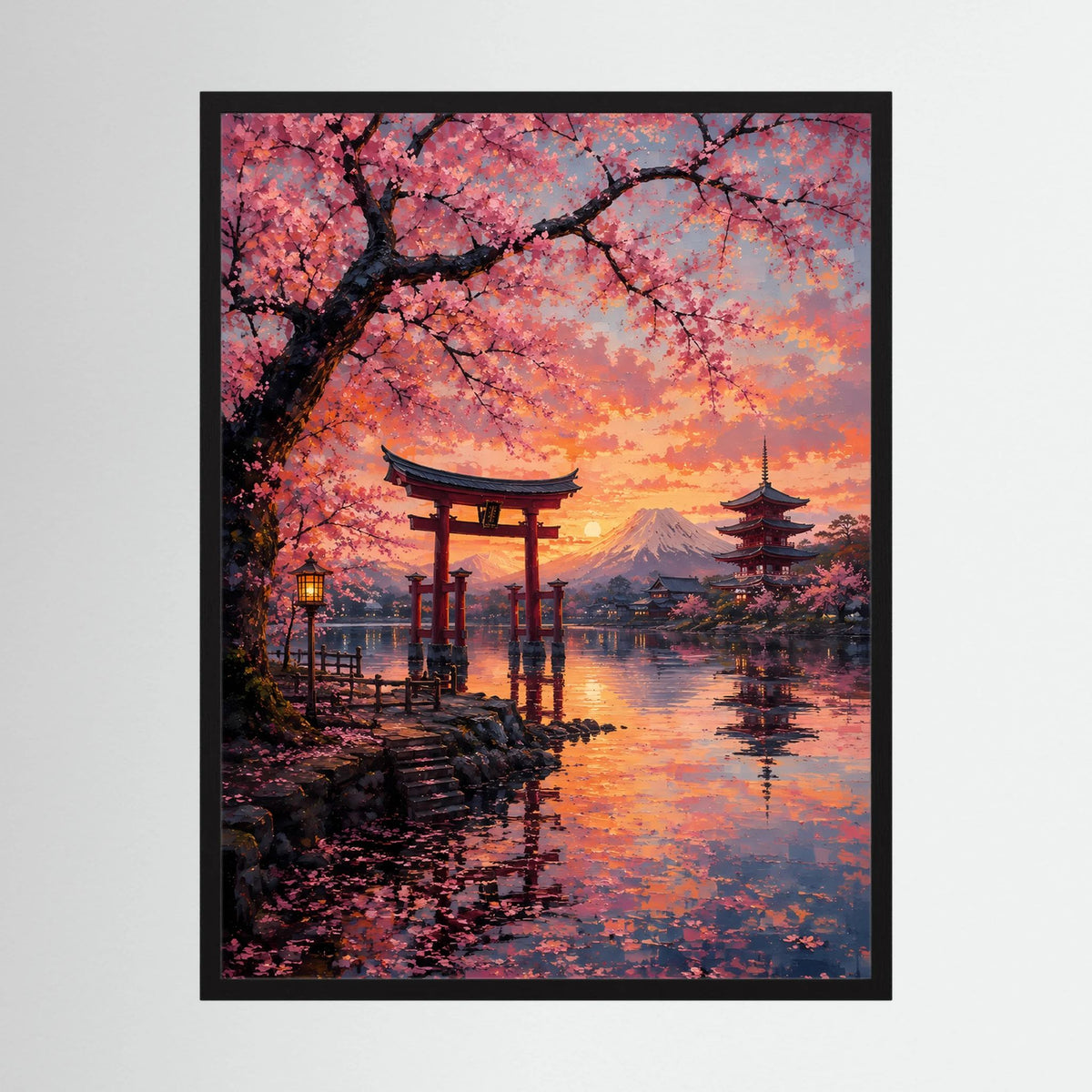 Hochformatiges Poster mit schwarzem Rahmen: Torii bei Kirschblüten im Sonnenuntergang.