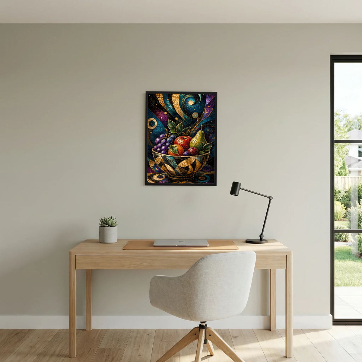 Hochformat-Poster mit Mosaik-Obstschale, leuchtende Farben und goldene Akzente