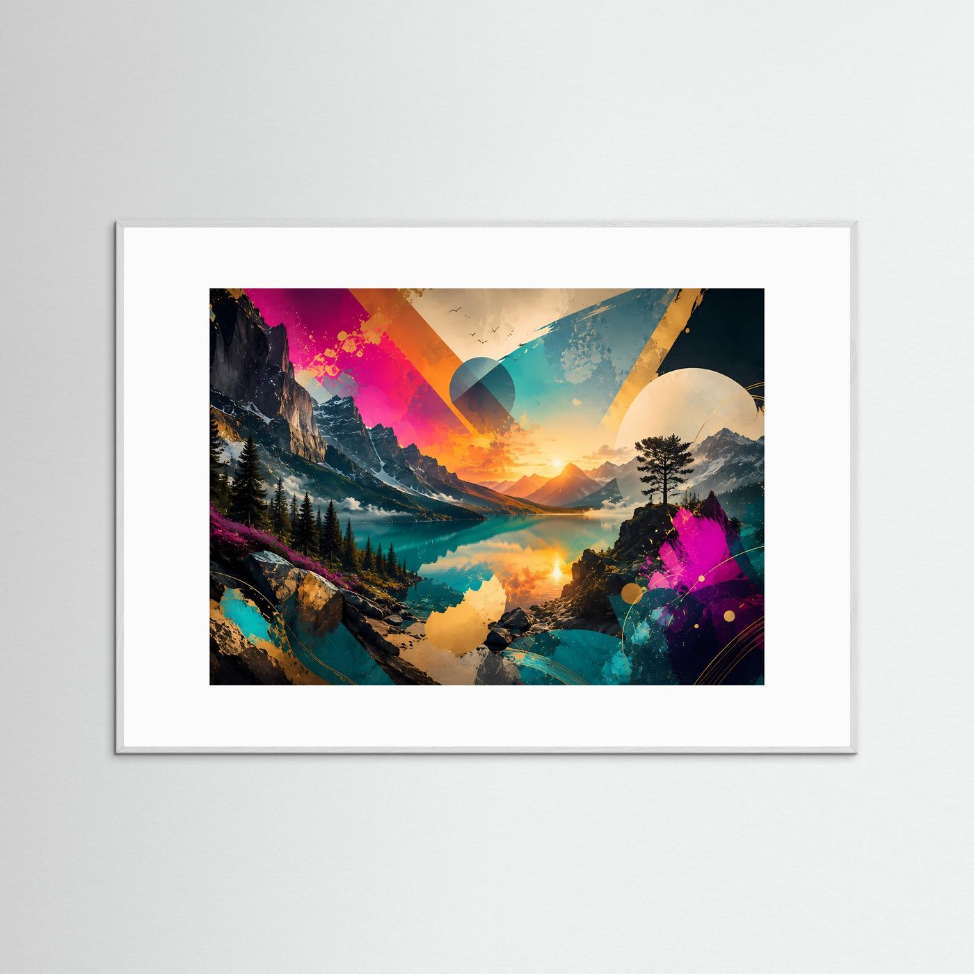 Abstrakte Berglandschaft Poster | Moderner Bergsee Sonnenuntergang | Geometrische Landschaft Kunst | Bunte Panorama Leinwand | Contemporary Wall Art
