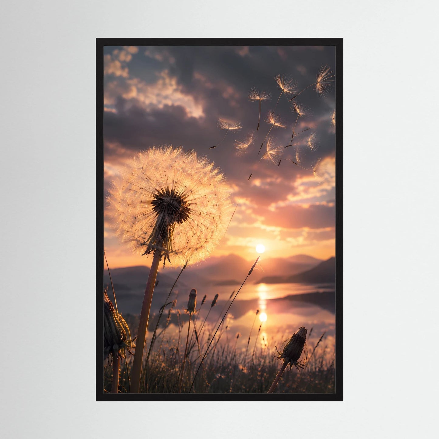 Vertikales Poster mit Pusteblume im Sonnenuntergang in schwarzem Rahmen