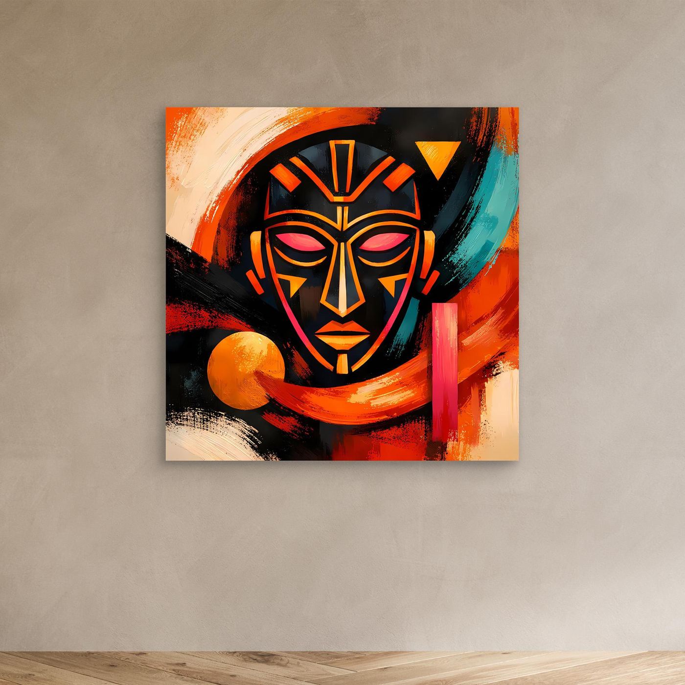 Leinwandbild mit abstrakter Afrikanischer Maske, bunte Pinselstriche in Orange und Blaugrün