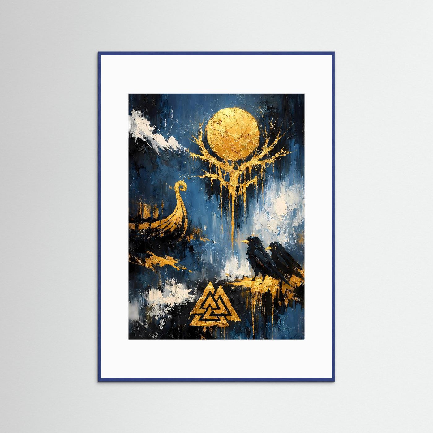 Hochformatiges Kunstposter mit blauem Holzrahmen und weißem Rand, abstrakt blau/gold