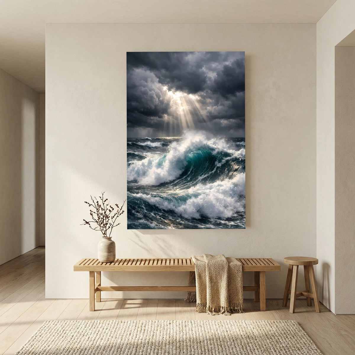 Wandbild im Hochformat mit stürmischer Meereswelle und Gewitterstrahlen im Nebel